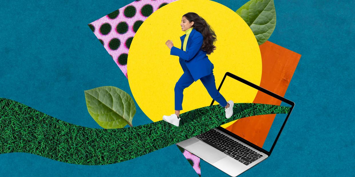 Woman running out of computer illustration