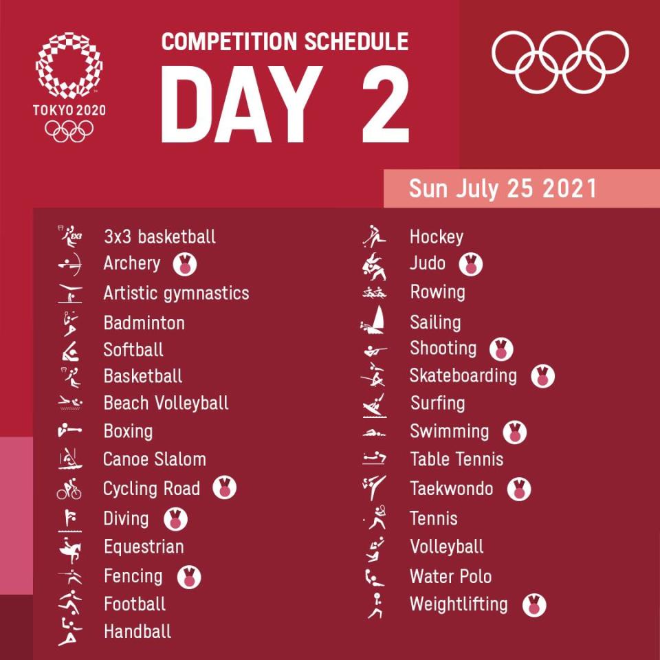 Day 2 schedule for the Tokyo 2020 Olympics