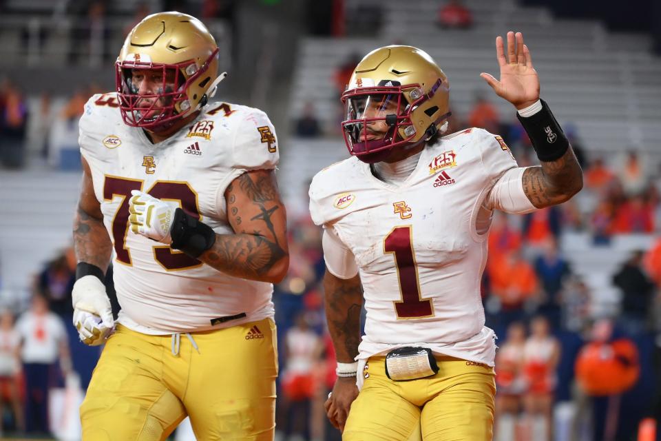 Boston College offensive lineman Christian Mahogany (73) during a game vs. Syracuse at the JMA Wireless Dome, Nov. 3, 2023 in Syracuse, New York.