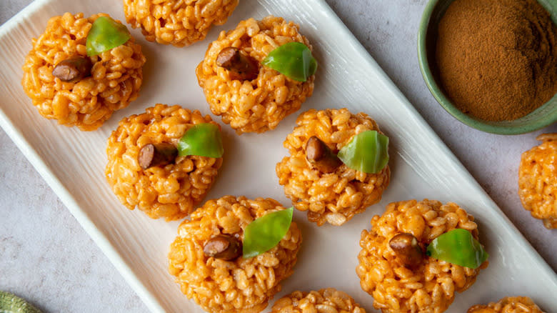 Rice Krispie pumpkins on plate