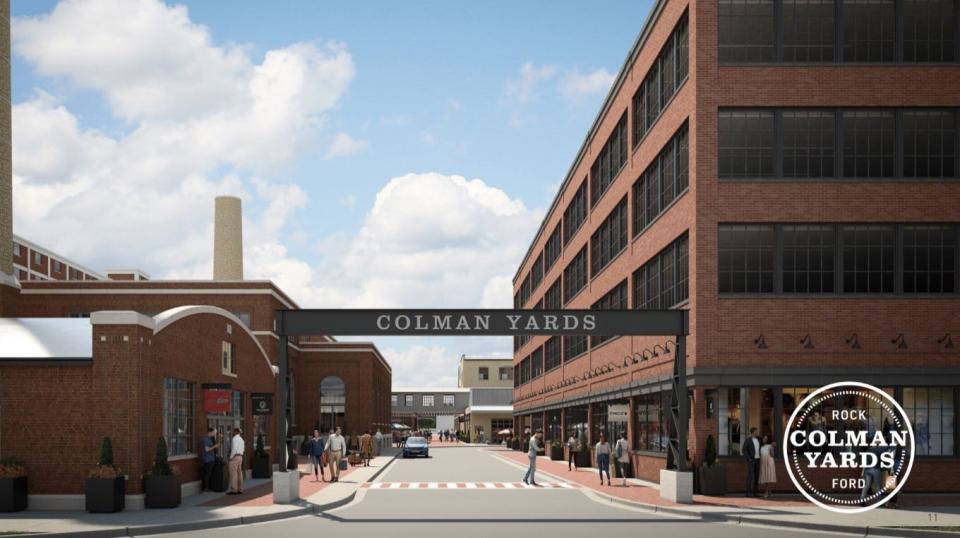 This is an artist's rendering of what the exterior of Colman Yards, a potential $430 million redevelopment of the dilapidated former Barber-Colman factory campus along the Rock River off South Main Street in Rockford could look like.