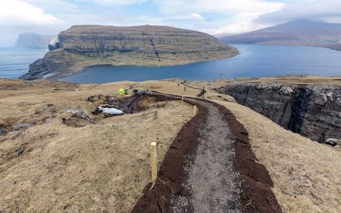 The path dug above the hanging lake of Trælanípa - Credit: Ólavur Frederiksen