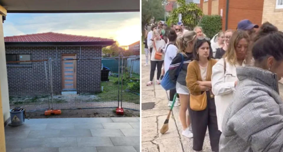 Left, a granny flat under construction. Right, a long line of prospective tenants queuing outside a flat viewing reveals the dire rental crisis situation.