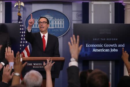 U.S. Secretary of the Treasury Steven Mnuchin discusses the Trump administration's tax reform proposal in the White House briefing room in Washington, U.S, April 26, 2017. REUTERS/Carlos Barria