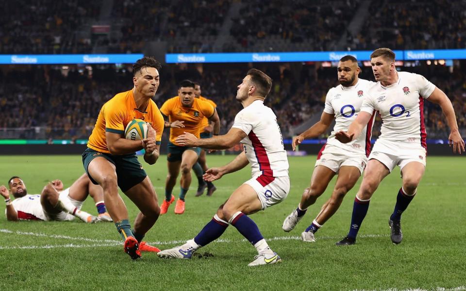 Jordan Petaia of the Wallabies scores a try during game one of the international test match series between the Australian Wallabies and England at Optus Stadium on July 02, 2022 in Perth, Australia. - GETTY IMAGES