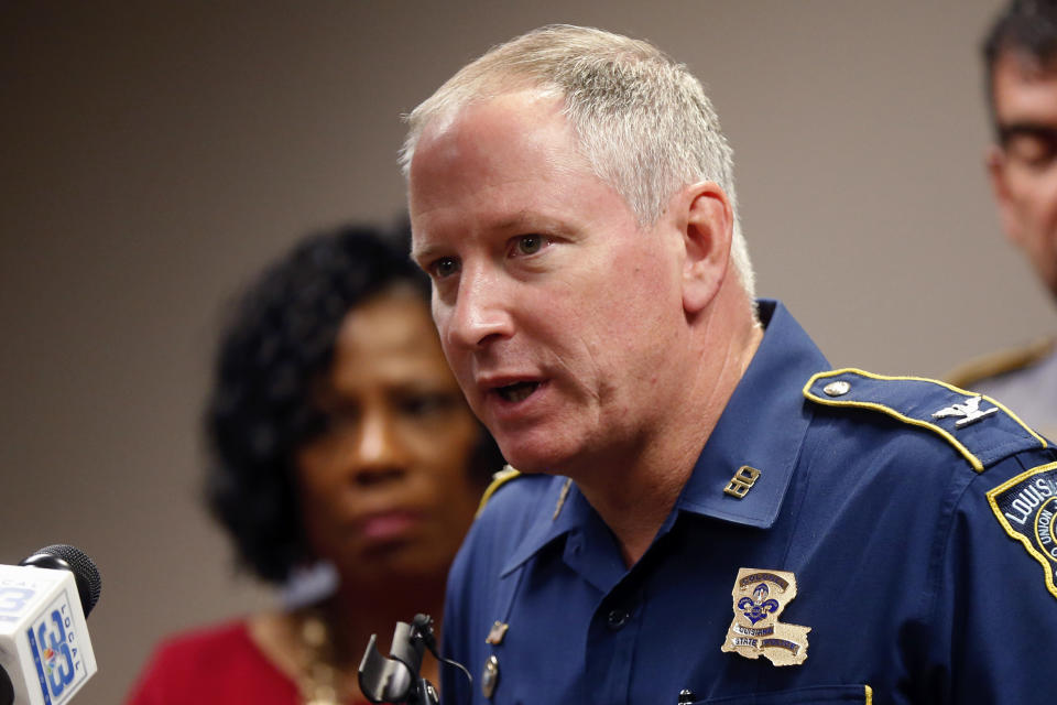 FILE - In this Sept. 19, 2017, file photo, Louisiana State Police Supt. Kevin Reeves speaks at a news conference in Baton Rouge, La. Reeves, the head of the Louisiana State Police, will retire from the job at the end of the month, amid ongoing questions about the death of a Black man in the law enforcement agency's custody and the secrecy around the encounter that is now subject to a federal civil rights investigation. (AP Photo/Gerald Herbert, File)