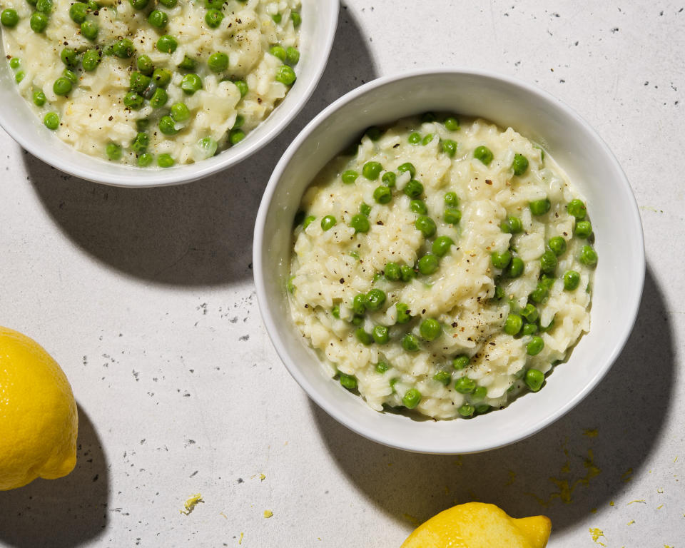 This image released by Milk Street shows a recipe for lemon and green pea risotto. (Milk Street via AP)