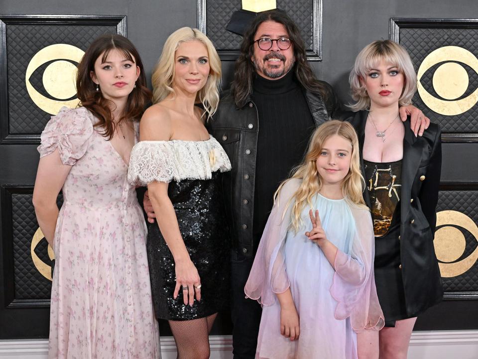 Harper Grohl, Jordyn Blum, Dave Grohl, Ophelia Grohl, and Violet Grohl attend the 65th GRAMMY Awards at Crypto.com Arena on February 05, 2023 in Los Angeles, California