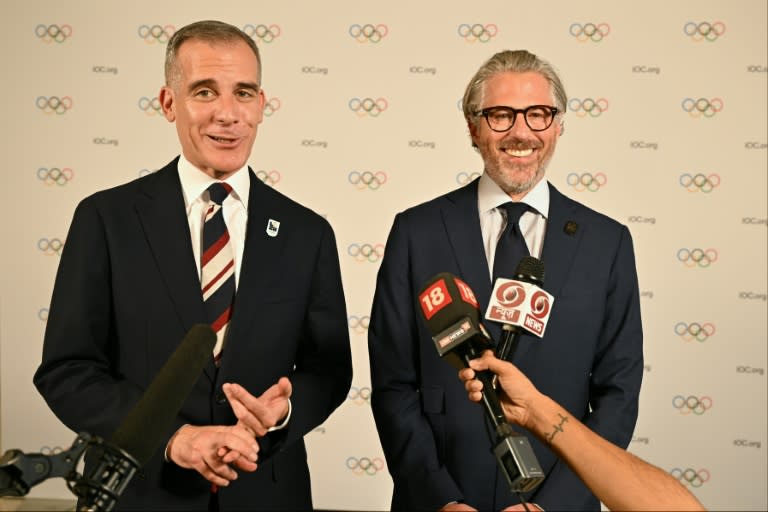 The US ambassador to India Eric Garcetti (left), with chairman of the LA 2028 Olympic Games Casey Wasserman (INDRANIL MUKHERJEE)