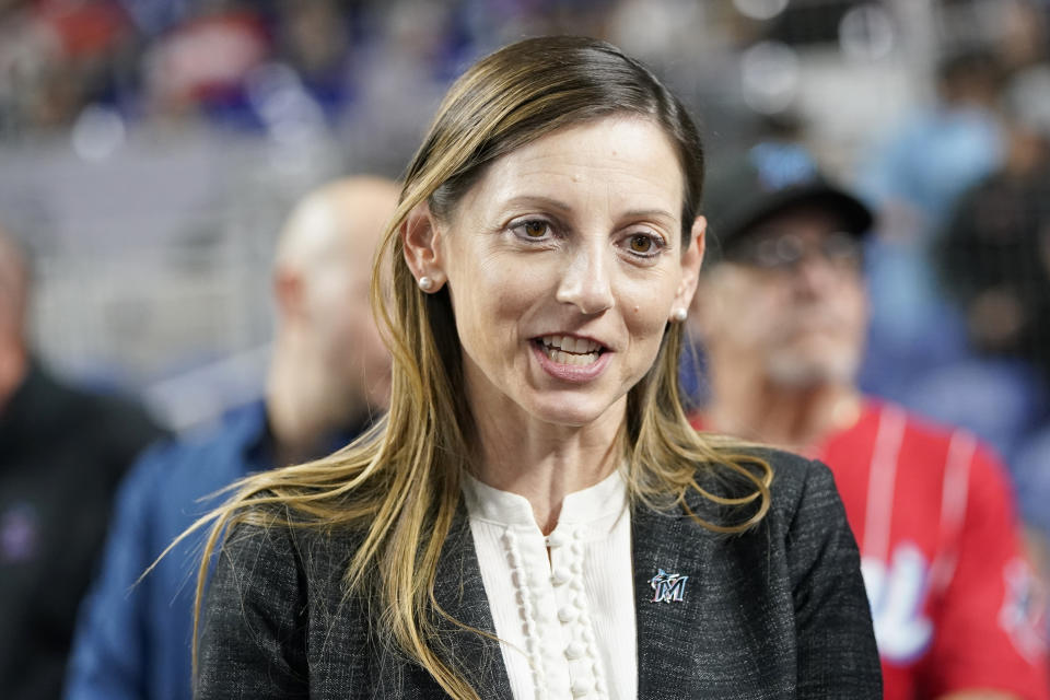 Caroline O'Connor appears before a baseball game against the Philadelphia Phillies, April 15, 2022, in Miami. The Miami Marlins promoted O’Connor to president of business operations on Monday, Nov. 14, 2022 making them the first U.S. major sports franchise to have women as both president and general manager. The Marlins made history by hiring Kim Ng as GM in November 2020; two years later, they’ve now made another significant move. (AP Photo/Lynne Sladky)