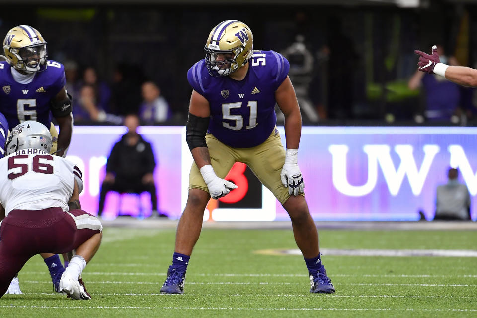 SEATTLE, WA - SEPTEMBER 04: Jaxson Kirkland #51 of the Washington Huskies stands on the field during the second half of the game against the Montana Grizzlies at Husky Stadium on September 4, 2021 in Seattle, Washington. The Grizzlies won 13-7. (Photo by Alika Jenner/Getty Images)