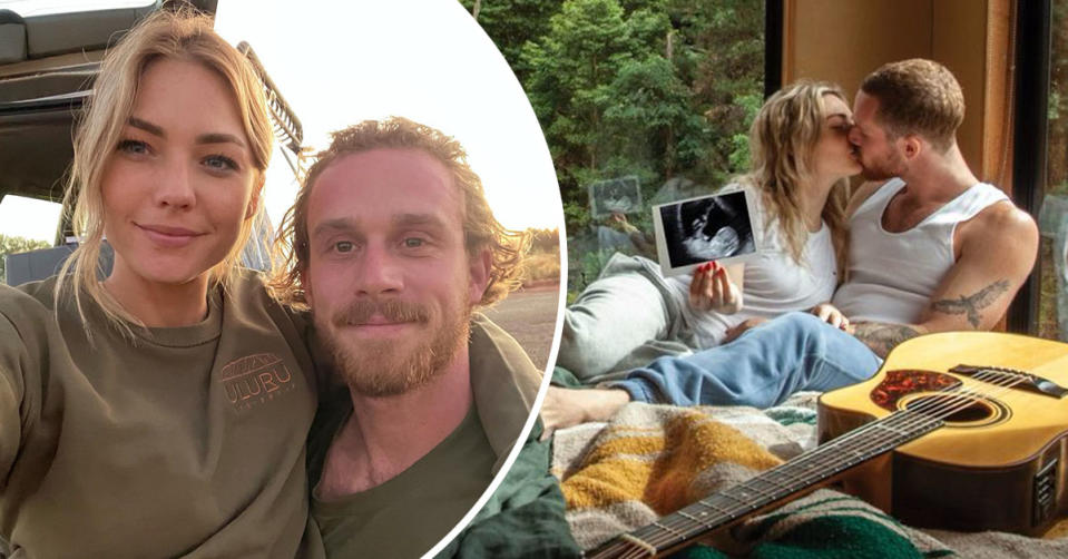 L: Sam Frost and Jordie Hansen smile for a selfie while on a camping trip. R: Sam Frost and Jordie Hansen kiss as they hold up a sonogram
