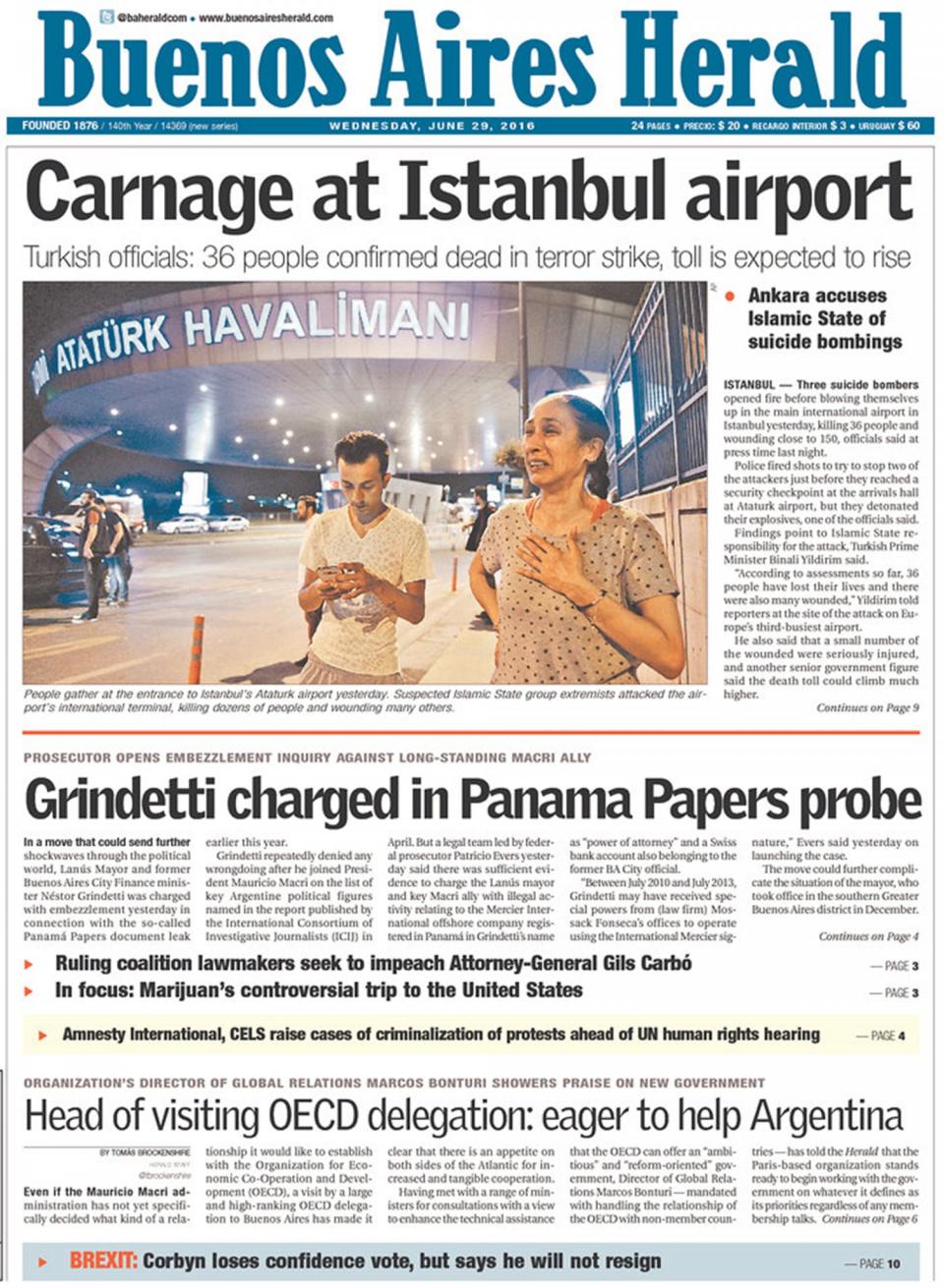 Front-page coverage of Istanbul's Ataturk Airport attack