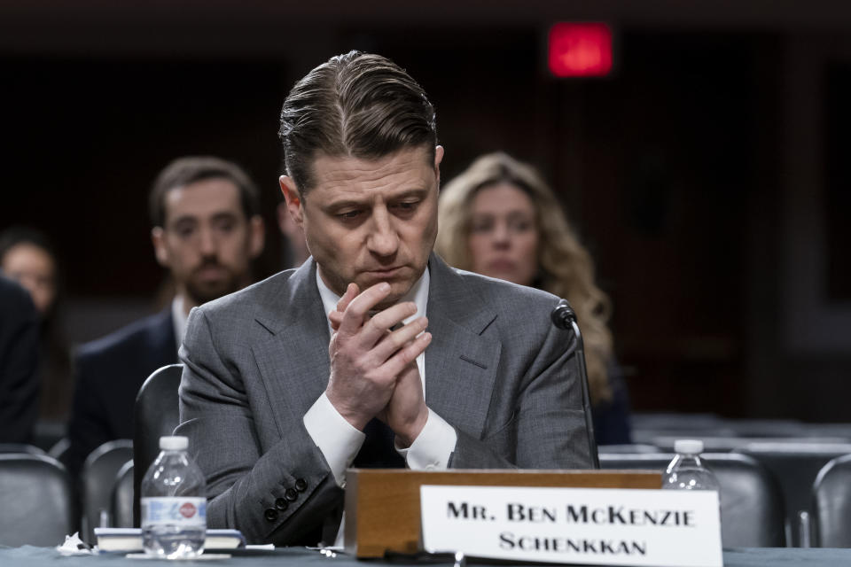 Actor Ben McKenzie testifies during a Senate Banking Committee hearing on cryptocurrency and the collapse of the FTX crypto exchange and its founder Sam Bankman-Fried, at the Capitol in Washington, Wednesday, Dec. 14, 2022. (AP Photo/J. Scott Applewhite)