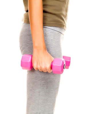 <div class="caption-credit"> Photo by: Getty Images/iStockphoto</div><div class="caption-title">The Cheerleader</div>Grab a pair of dumbbells and stand tall with your chest up and shoulders down. Your arms should be straight at your sides, palms facing away from you. Keeping your elbows in line with your body, curl the dumbbells up to your shoulders. (Your palms should now be facing you.) Then rotate your palms so they face away again, and press the weights above your head, maintaining a space between your shoulders and ears. Slowly return to starting position by reversing the movement-the dumbbells should take the same path down as they took up. Complete three sets of 10-12 reps. <br> <br> Targets: Biceps & Shoulders <br> <br> <b>Related: <a rel="nofollow noopener" href="http://www.cosmopolitan.com/advice/health/drop-5-pounds-in-a-week-0509?link=emb&dom=yah_life&src=syn&con=blog_cosmo&mag=cos" target="_blank" data-ylk="slk:Drop 5 Pounds in a Week;elm:context_link;itc:0;sec:content-canvas" class="link ">Drop 5 Pounds in a Week</a></b> <br> <b>Related: <a rel="nofollow noopener" href="http://www.cosmopolitan.com/advice/health/right-way-to-lose-weight?link=emb&dom=yah_life&src=syn&con=blog_cosmo&mag=cos" target="_blank" data-ylk="slk:The Right Way to Lose<;elm:context_link;itc:0;sec:content-canvas" class="link ">The Right Way to Lose<</a></b>