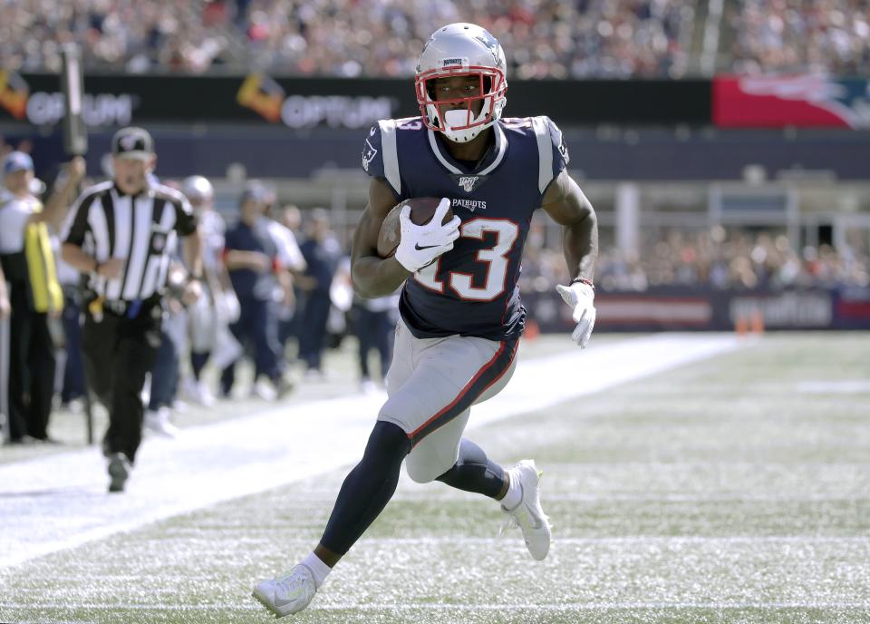 New England Patriots wide receiver Phillip Dorsett runs into the end zone for touchdown after catching a pass in the first half of an NFL football game against the New York Jets, Sunday, Sept. 22, 2019, in Foxborough, Mass. (AP Photo/Elise Amendola)