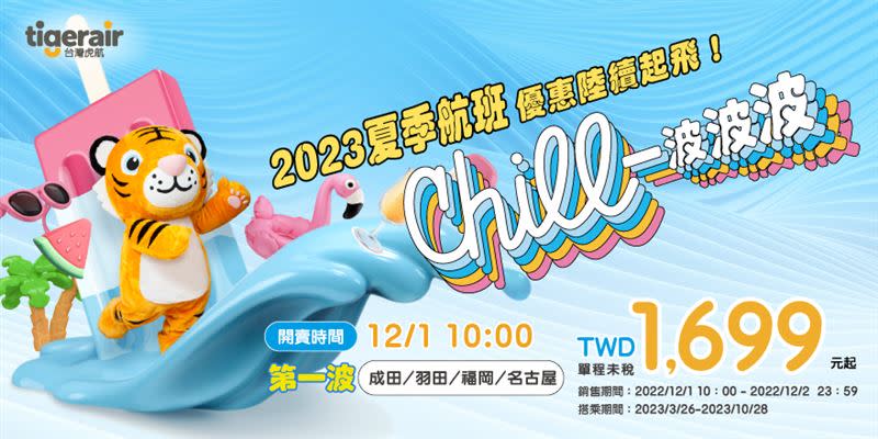 2023夏季班表早鳥機票12月1日上午10：00起開賣。（圖／台灣虎航提供）