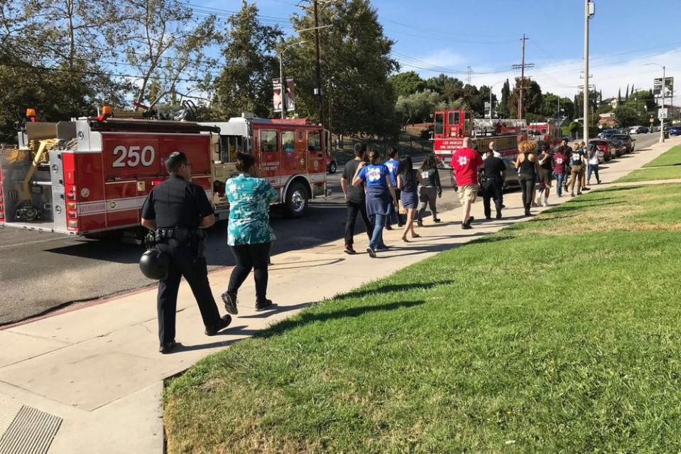 The scene outside a Trader Joe's in L.A.'s Silver Lake neighborhood after a gunman took hostages there on Saturday, according to police.