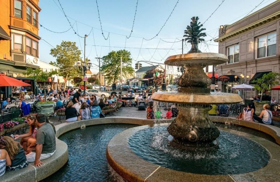 Cobblestoned DePasquale Square, on Atwells Avenue in Providence’s Federal Hill, is a gathering place for diners and the neighborhood community. Federal Hill ranked No. 3 on a list of the best Little Italys in the U.S.