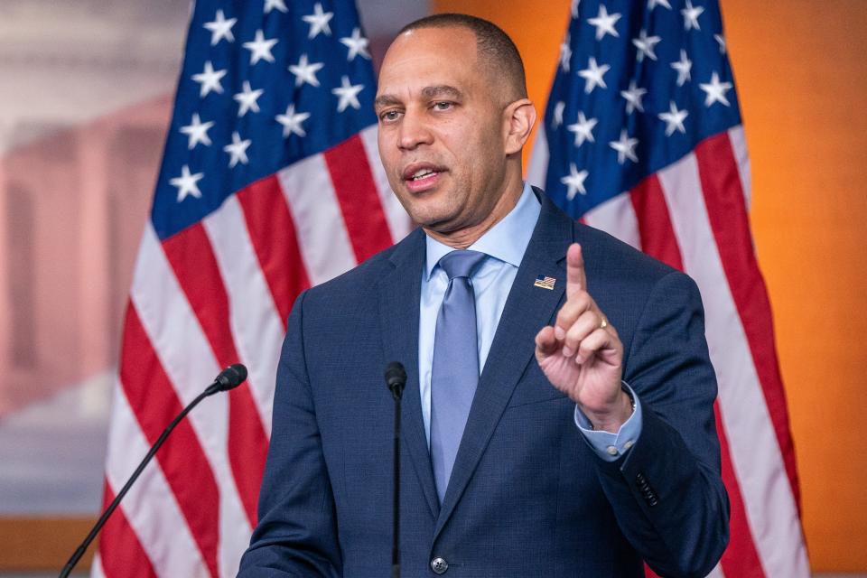 House Minority Leader Hakeem Jeffries responds to a question during a press conference on Thursday. Supplemental aid to Ukraine and Israel has been stalled in Congress over disputes about the US Southern border security funding and policy (EPA)
