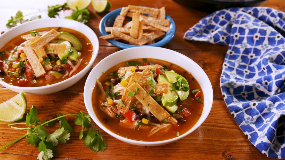 <p>In this recipe we rely on chili powder for some heat, and instead of frying the tortilla chips, we bake them.</p><p>Get the recipe from <a href="https://www.delish.com/cooking/recipe-ideas/a25401821/instant-pot-chicken-tortilla-soup/" rel="nofollow noopener" target="_blank" data-ylk="slk:Delish;elm:context_link;itc:0;sec:content-canvas" class="link ">Delish</a>.</p>