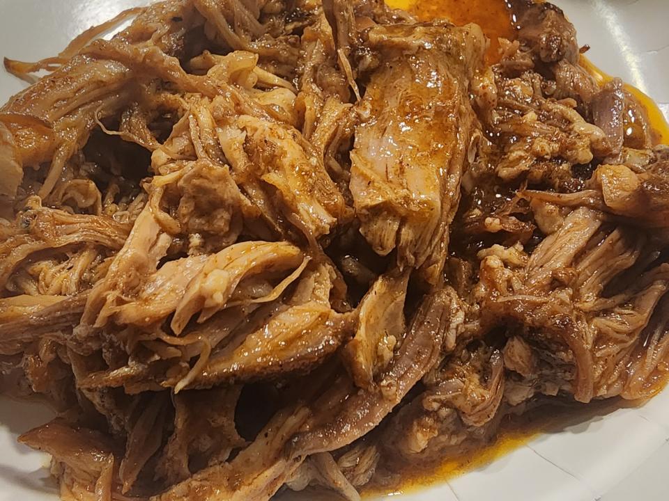 Pulled pork with barbecue sauce.