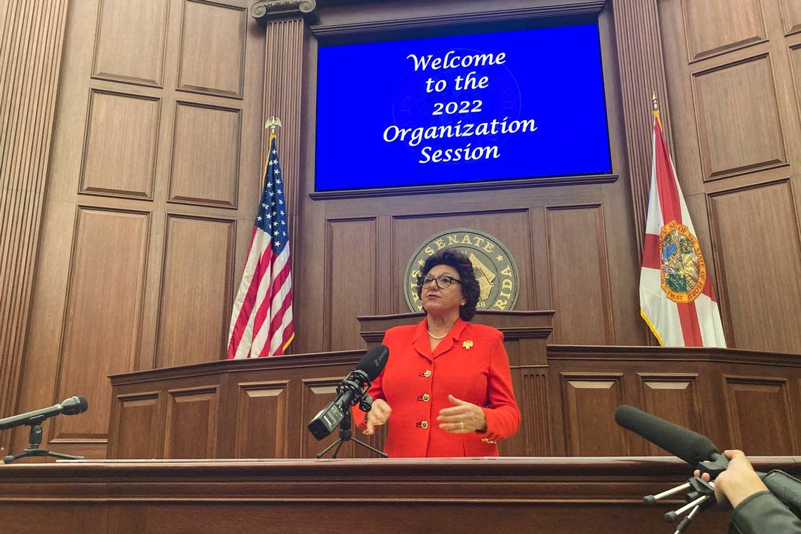 Florida Senate President Kathleen Passidomo speaks to reporters in the chambers of the Florida Senate on Tuesday, Nov. 22, 2022, in Tallahassee, Fla.