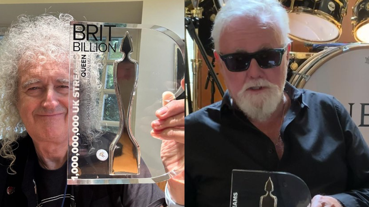  Brian May and Roger Taylor with their BRIT Billion Award 