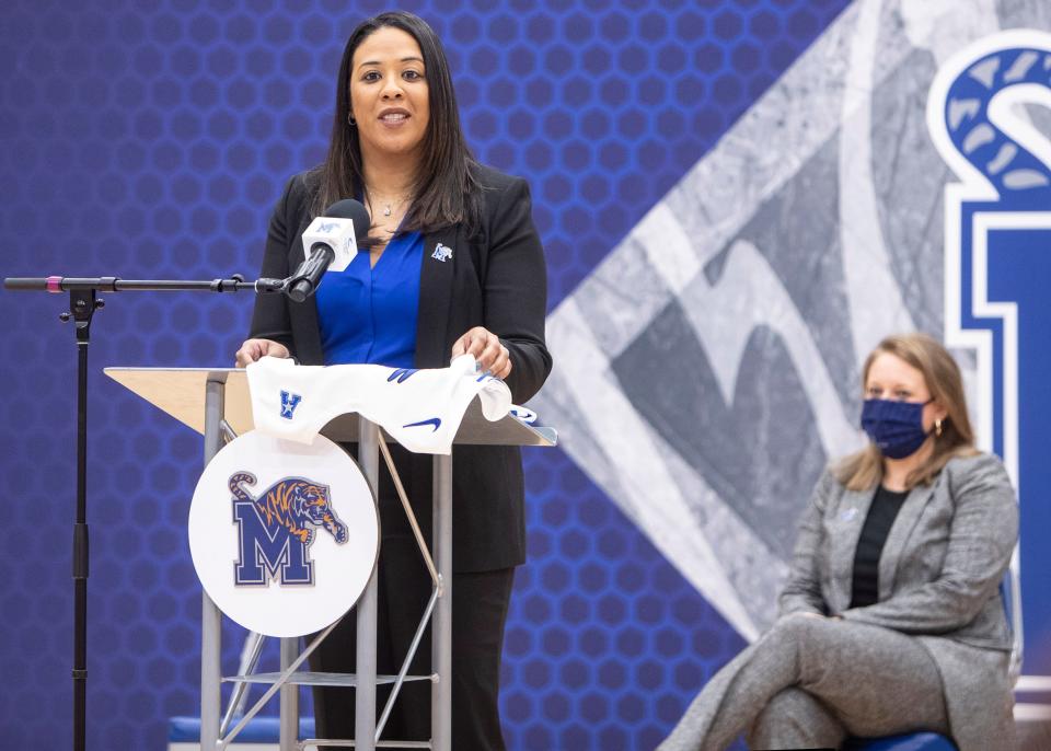 Memphis women's head coach Katrina Merriweather   speaks during a press conference at the Elma Roane Field House on Tuesday, March 30, 2021.