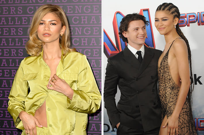 Zendaya in a silk outfit; Zendaya & Tom Holland in formal attire at an event