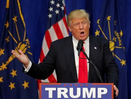 U.S. Republican presidential candidate Donald Trump speaks during a campaign rally at the Century Center in South Bend, Indiana, U.S., May 2, 2016. REUTERS/Kamil Krzaczynski