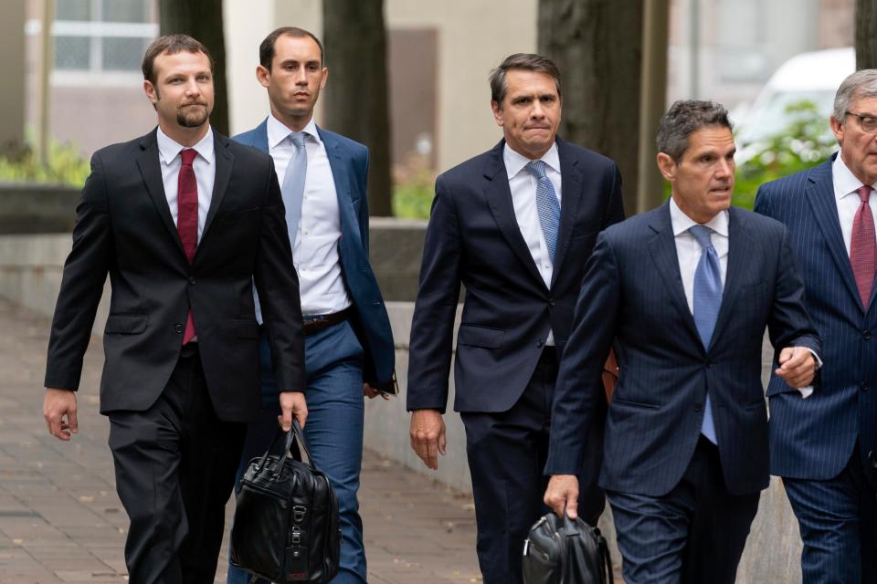 Donald Trump attorneys from left, Gregory Singer, Stephen Weiss, Todd Blanche and John Lauro arrive at the E. Barrett Prettyman U.S. Federal Courthouse on Aug. 28, 2023, in Washington.
