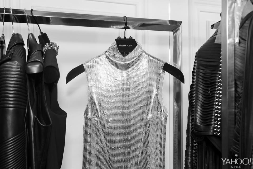 A silver chain mail top hangs in Phillip Plein’s showroom. (Photo: Matteo Cherubino.)