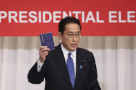 Japan's former Foreign Minister Fumio Kishida, a candidate of the ruling Liberal Democratic Party (LDP) presidential election, delivers a campaign speech in Tokyo Friday, Sept. 17, 2021. Official election campaigning kicked off Friday for the new head of Japan’s governing Liberal Democratic Party, whose winner is almost assured to become next Japanese prime minister. (Yoshikazu Tuno/Pool Photo via AP)