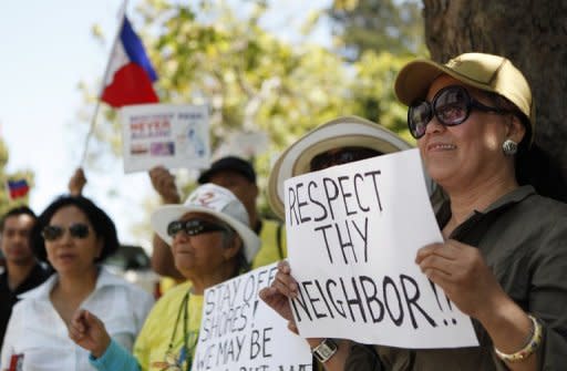 Anti-China protesters gather outside of Chinese consulate in San Francisco on May 11, to protest an escalating territorial dispute over the Scarborough Shoal in the South China Sea. The United States and the Philippines called for freedom of navigation in the tense South China Sea as the White House offered a robust show of support for President Benigno Aquino