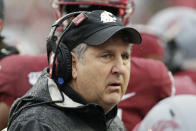 FILE - In this Oct. 19, 2019, file photo, Washington State head coach Mike Leach looks on during the first half of an NCAA college football game against Colorado, in Pullman, Wash. Two people with knowledge of the decision says Mississippi State has hired Washington State's Mike Leach as its new head coach. The people spoke to The Associated Press on condition of anonymity Thursday, Jan. 9, 2020, because the school has not yet officially announced the move. Leach will replace Joe Moorhead, who was fired last week after two seasons. (AP Photo/Young Kwak, File)