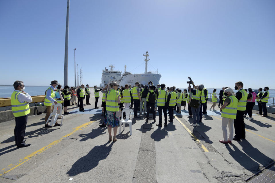 Members of the media in front of the Suiso Frontier liquid hydrogen carrier at the Port of Hastings in Hastings, Victoria, Australia, on Friday, Jan. 21, 2022.<span class="copyright">Carla Gottgens/Bloomberg via Getty Images</span>