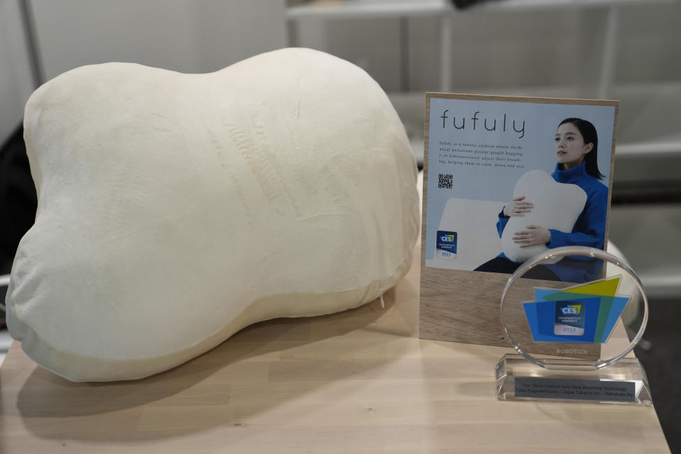 The Fufuly robotic cushion is on display during the CES tech show Thursday, Jan. 5, 2023, in Las Vegas. (AP Photo/John Locher)