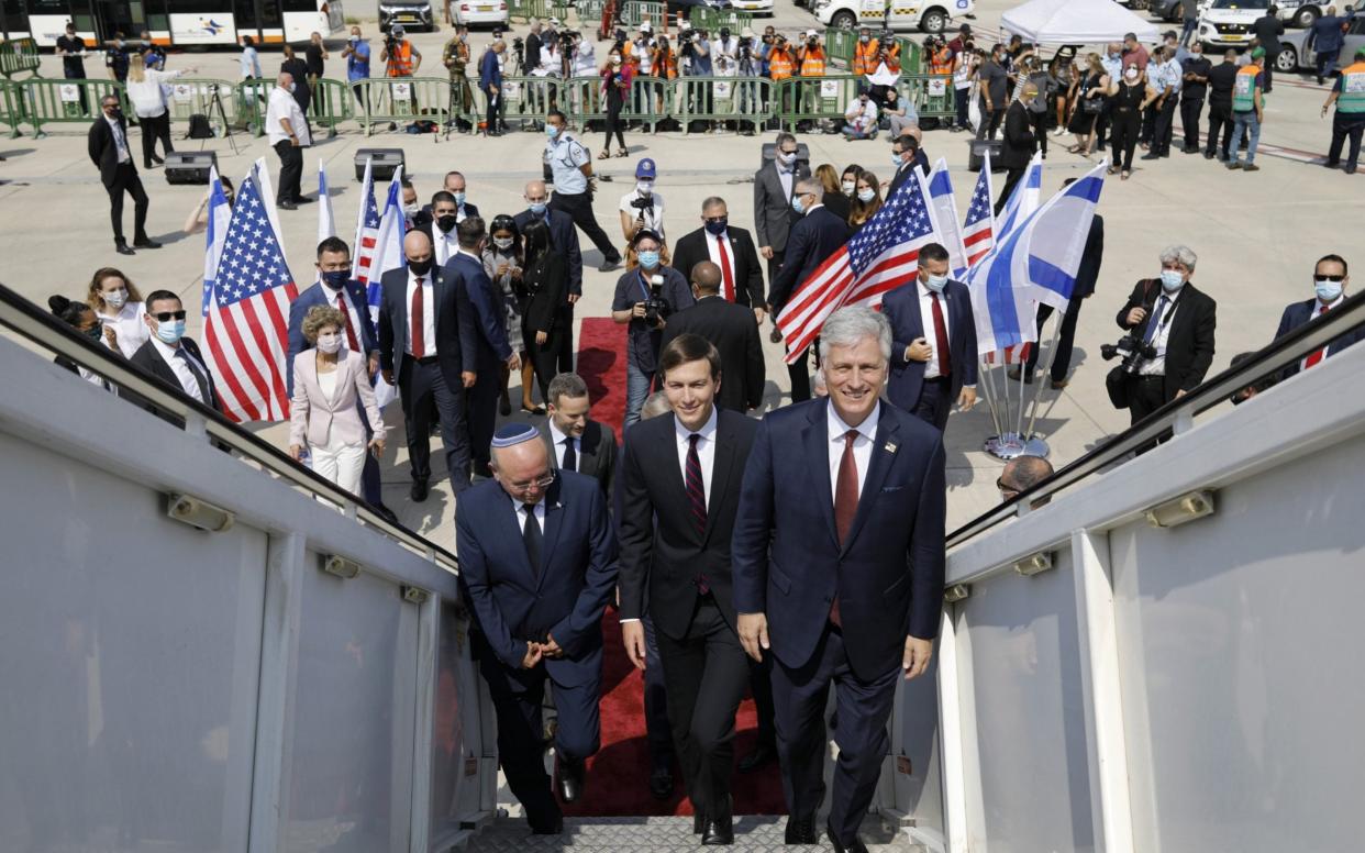 An Israeli delegation led by National Security Advisor Meir Ben-Shabbat, and U.S. National Security Advisor Robert O'Brien (R) and U.S. President Trump's senior adviser Jared Kushner (C) board the Israeli flag carrier El Al's airliner as they fly to Abu Dhabi - SHUTTERSTOCK