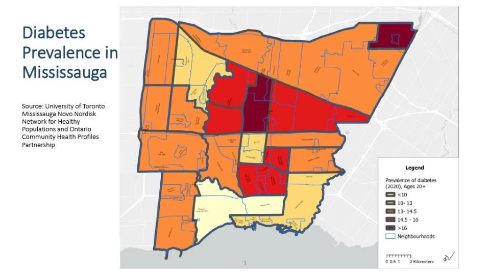 A map shared as part of a report presented at the Combating Racism, Discrimination and Hatred Committee on Feb. 20  reveals there are pockets within Mississauga where there is a higher prevalence of diabetes. 