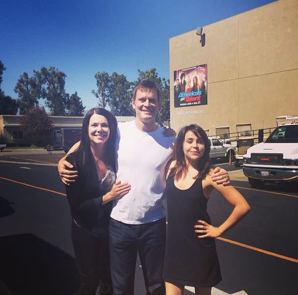 Lauren Graham, Peter Krause and Mae Whitman on the "Parenthood" set. 