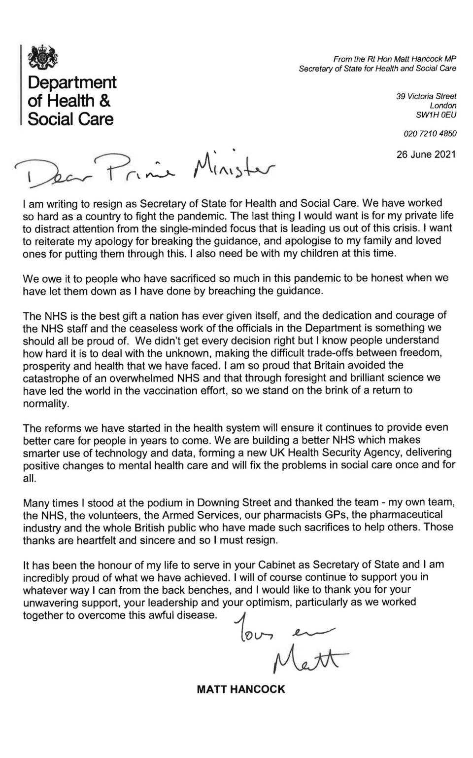 The letter sent to the Prime Minister by Matt Hancock, offering his resignation