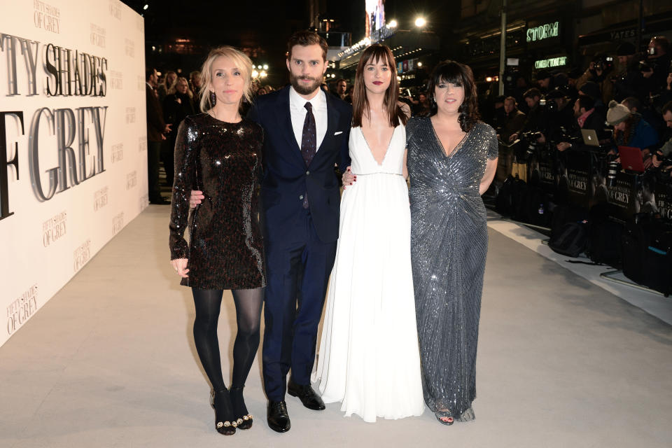 Sam Taylor-Johnson, Jamie Dornan, Dakota Johnson and E L James attending the UK premiere of Fifty Shades of Grey at the Odeon Leicester Square, London. PRESS ASSOCIATION Photo. Picture date: Thursday February 12, 2015. See PA story SHOWBIZ Fifty. Photo credit should read: Dominic Lipinski/PA Wire 