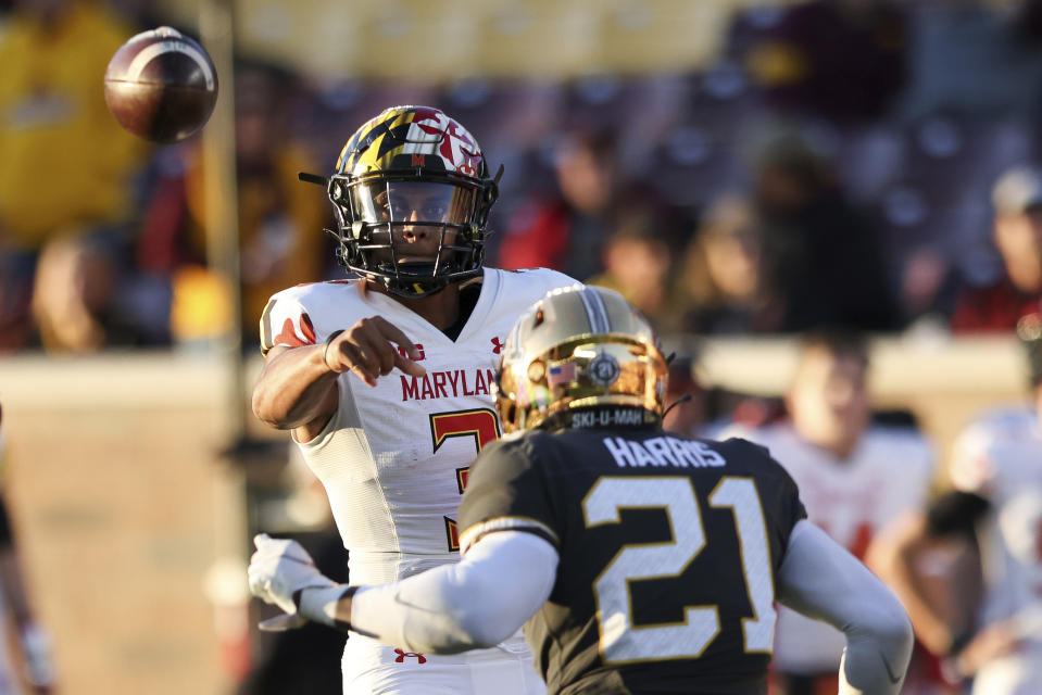 Maryland quarterback Taulia Tagovailoa (3) throws the ball during the second half of an NCAA college football game against Minnesota, Saturday, Oct. 23, 2021, in Minneapolis. (AP Photo/Stacy Bengs)