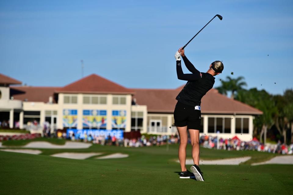 Madelene Sagstrom hits her approach shot on the 18th hole of the final round of the 2020 Gainbridge LPGA at Boca Rio. Sagstrom won the event for her first LPGA title. PHOTO PROVIDED