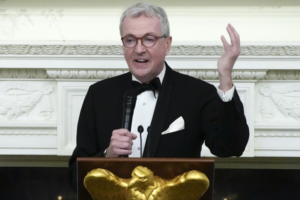 The National Governors Association Chair New Jersey Gov. Phil Murphy speaks during a dinner reception for governors and their spouses in the State Dining Room of the White House, Saturday, Feb. 11, 2023, in Washington. (AP Photo/Manuel Balce Ceneta)