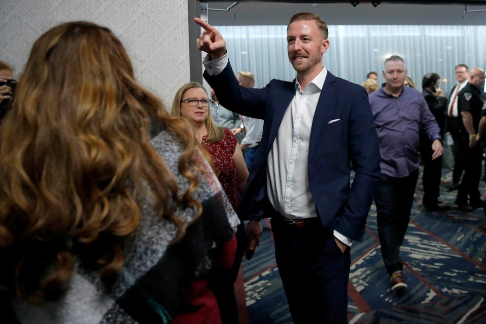 Ryan Walters, then Republican candidate for state schools superintendent, gestures in November as he arrives at a GOP election night watch party in Oklahoma City.