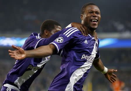 Chancel Mbemba of Anderlecht celebrates his second goal against Galatasaray during their Champions League soccer match at Constant Vanden Stock stadium in Brussels November 26, 2014. REUTERS/Yves Herman