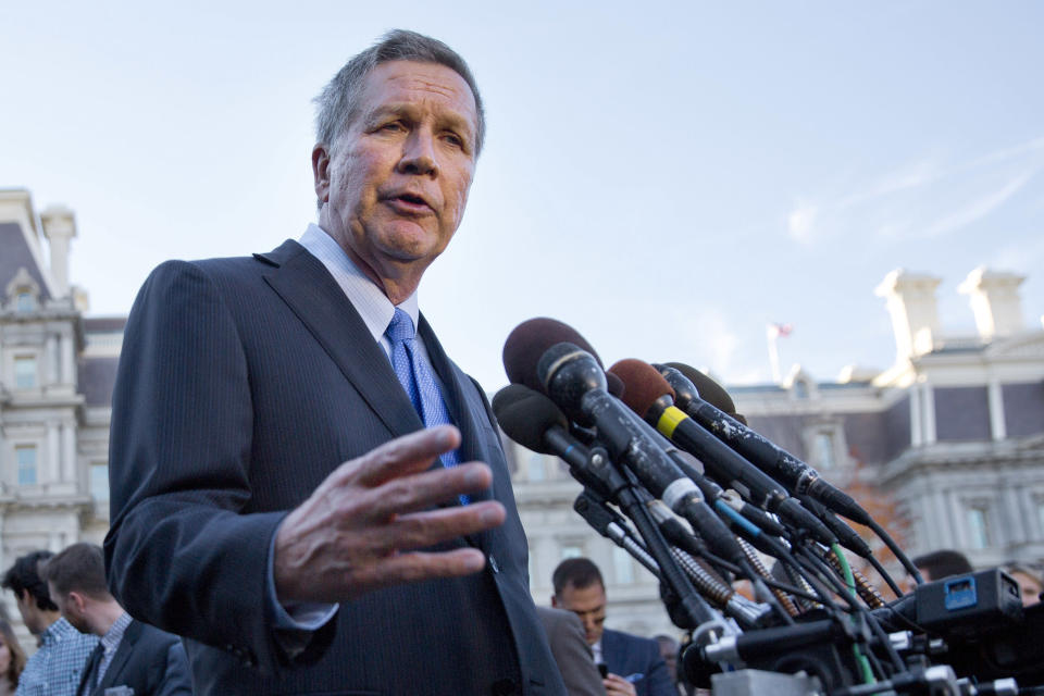 <p> FILE – In this Nov. 10, 2016, file photo, Ohio Gov. John Kasich answers questions from reporters outside the West Wing of the White House in Washington. Kasich and other statewide leaders plan to address their top priorities this year at a forum sponsored by The Associated Press on Wednesday, Feb. 1, 2017. (AP Photo/Pablo Martinez Monsivais, File) </p>