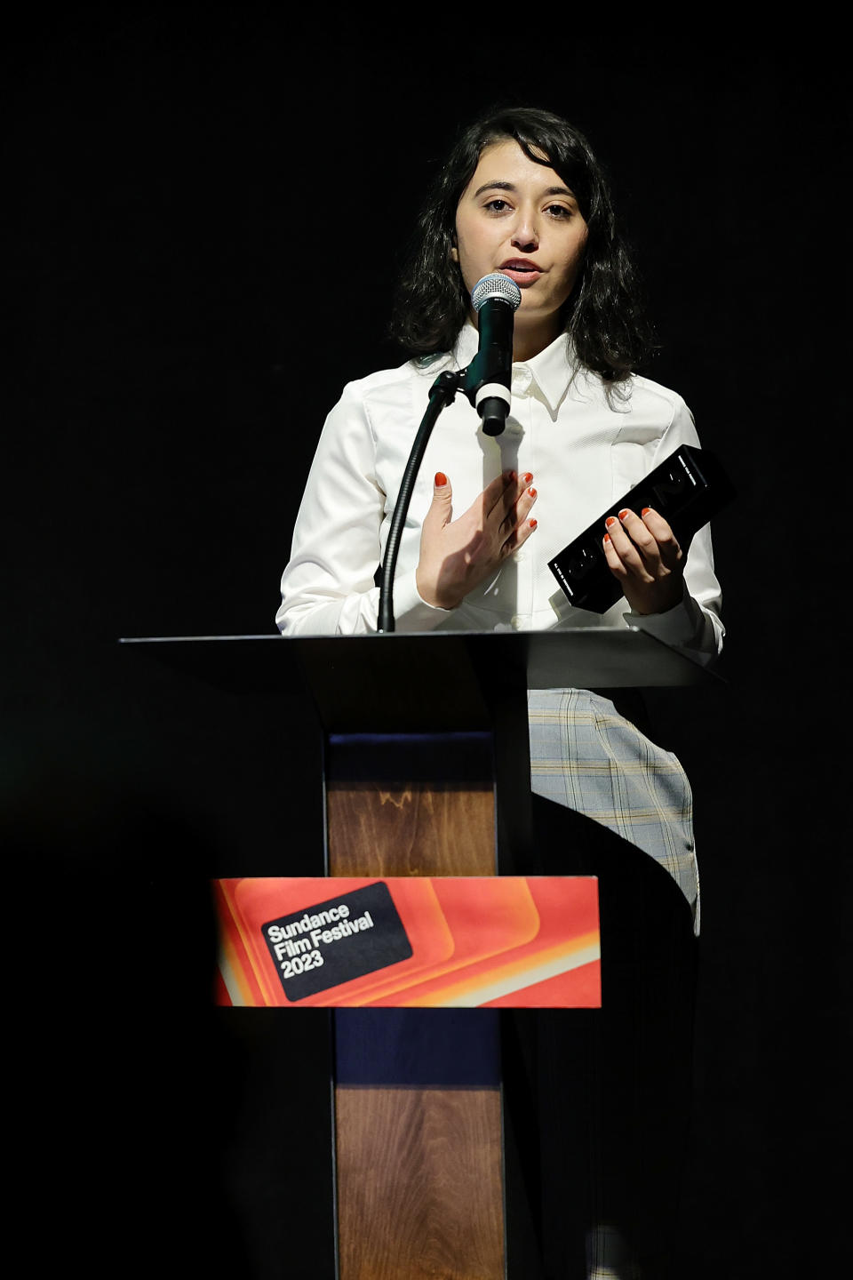 PARK CITY, UTAH - JANUARY 27: Noora Niasari accepts The Audience Award: World Cinema Dramatic, Presented for 'SHAYDA' during the 2023 Sundance Film Festival Awards Ceremony at The Ray Theatre on January 27, 2023 in Park City, Utah. (Photo by Michael Loccisano/Getty Images)
